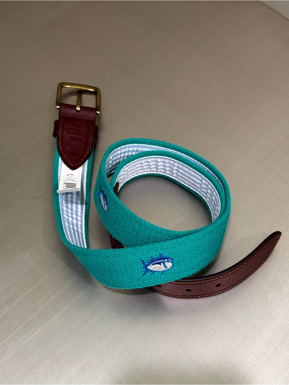 Southern Tide NWT 38 Teal Blue SkipjackEmbroidered Web Belt - Picture 6 of 7